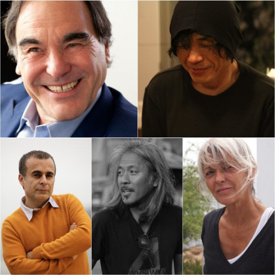 제22회 부산국제영화제 뉴커런츠 부문 심사를 맡은 올리버 스톤, 장선우, 아녜스 고다르, 라브 디아즈, 바흐만 고바디 감독, <부산국제영화제 제공>